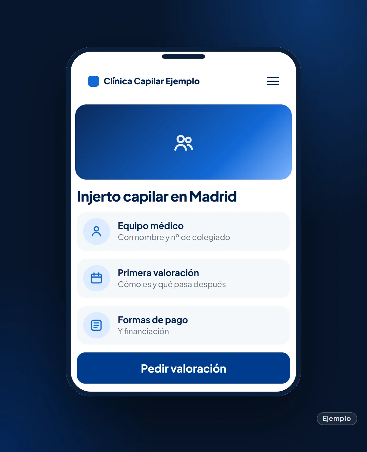 Ejemplo: landing page de injerto capilar en el móvil con el equipo médico, la primera valoración y las formas de pago