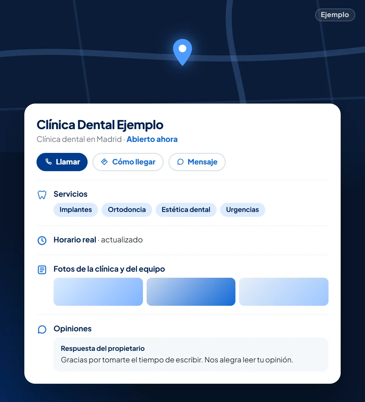 Ejemplo: ficha de Google de una clínica dental ficticia con categoría, horario, tratamientos y una respuesta a una opinión, sin estrellas ni cifras