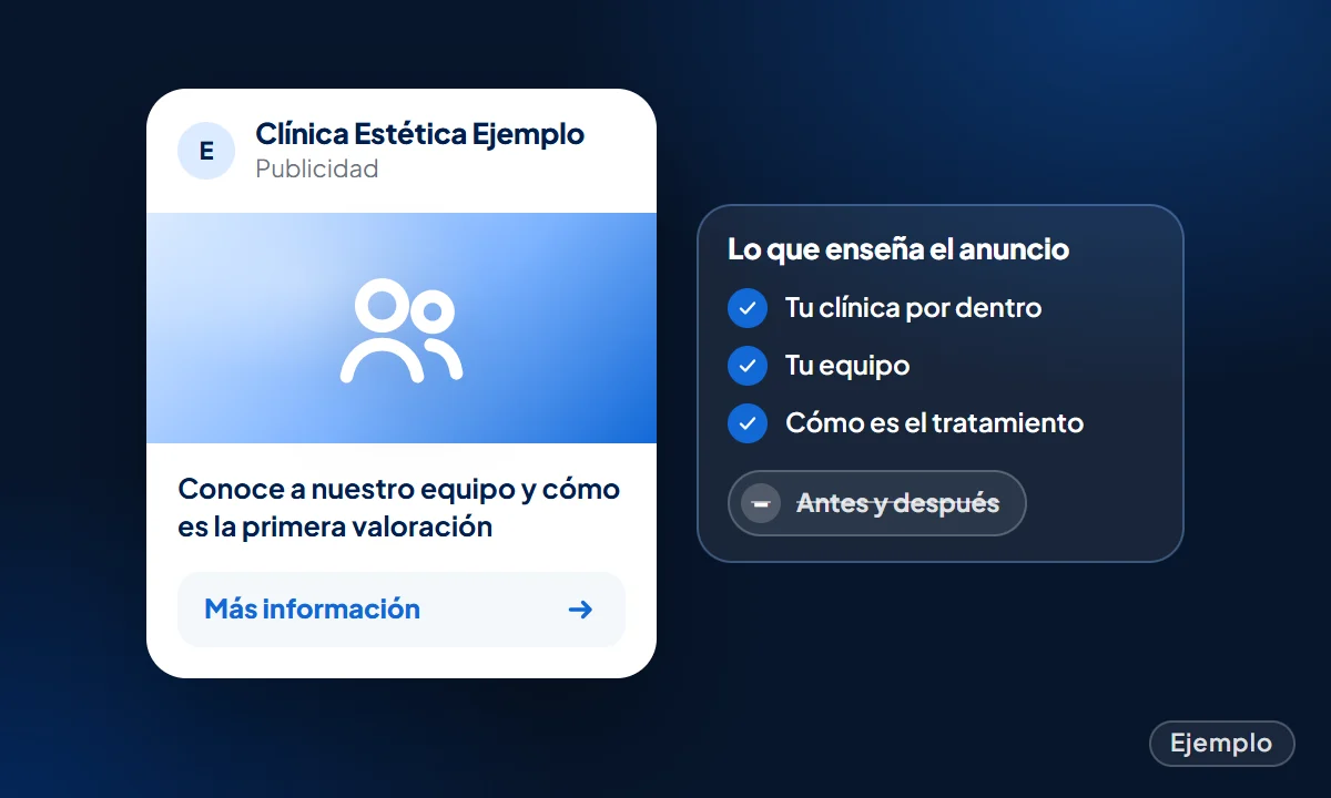 Ejemplo: anuncio en Instagram que enseña la clínica y el equipo, sin fotos de antes y después