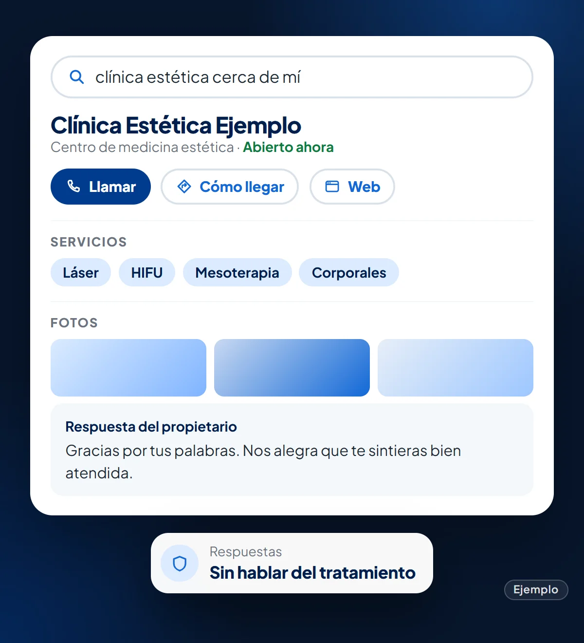 Ejemplo: ficha de Google de una clínica estética ficticia con servicios, fotos y una respuesta a una opinión sin hablar del tratamiento