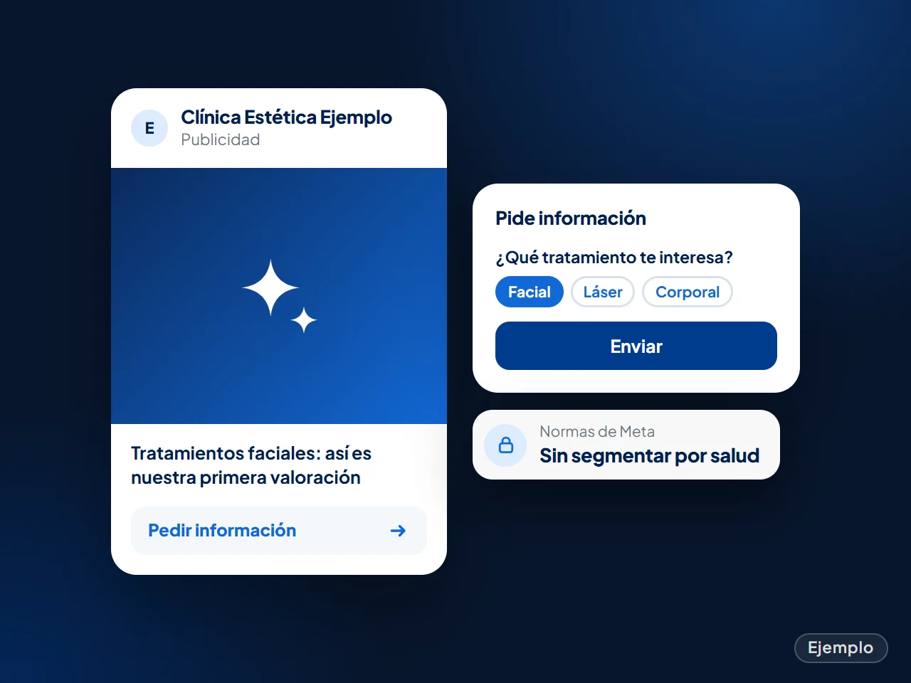 Ejemplo: anuncio de una clínica estética ficticia en Instagram con un formulario corto, sin segmentar por salud