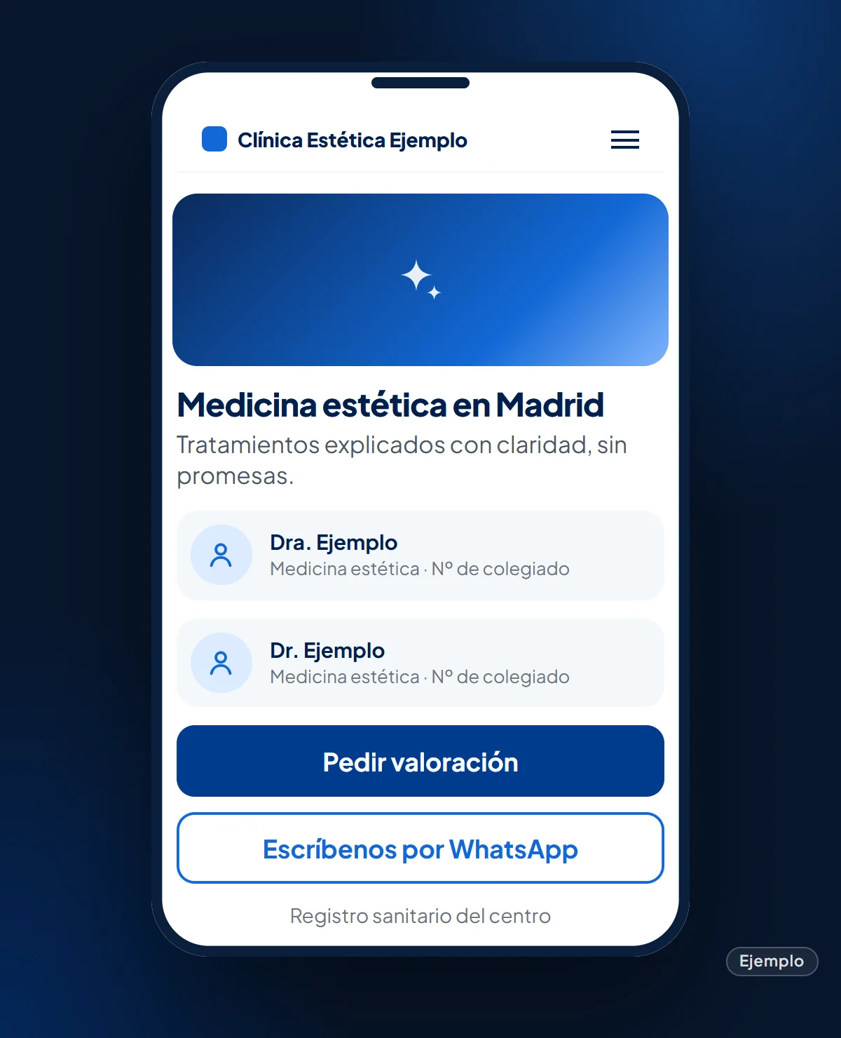 Ejemplo: web de una clínica estética ficticia en el móvil con el equipo médico, su número de colegiado y el botón para pedir valoración