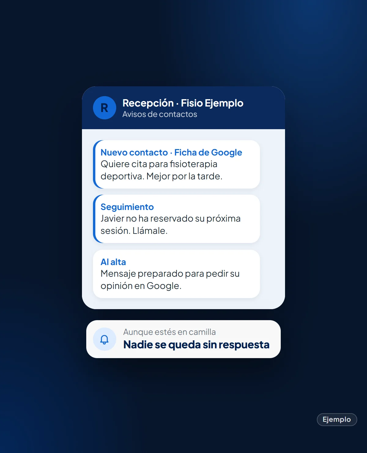 Ejemplo: avisos en el WhatsApp de la recepción de un centro de fisioterapia: nuevo contacto, paciente sin reservar y mensaje para pedir opinión