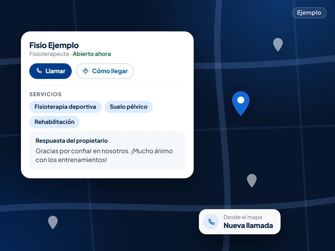 Ejemplo: un centro de fisioterapia ficticio destacado en el mapa con su ficha completa y una respuesta a una opinión
