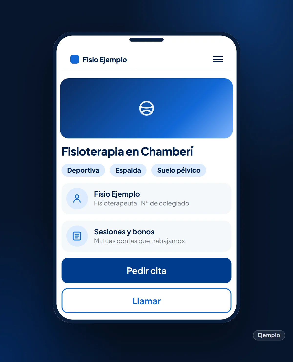 Ejemplo: web de un centro de fisioterapia ficticio en el móvil con especialidades, fisioterapeuta colegiado, bonos y mutuas
