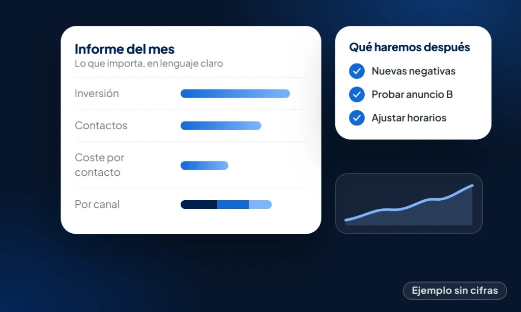 Pantalla de ejemplo de un informe mensual con inversión, contactos, coste por contacto y canal