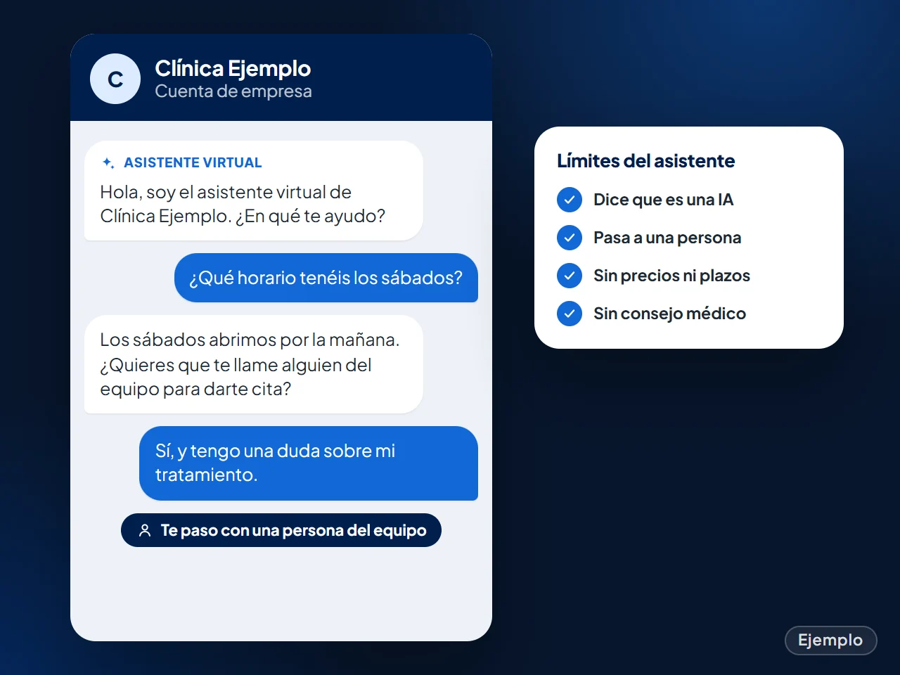 Ejemplo: conversación por WhatsApp en la que el asistente dice que es virtual y pasa a una persona del equipo una duda sobre el tratamiento