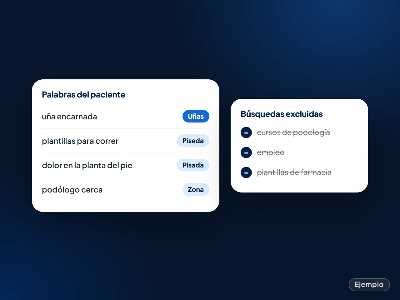 Ejemplo: palabras que usa el paciente en una campaña de podología y búsquedas excluidas