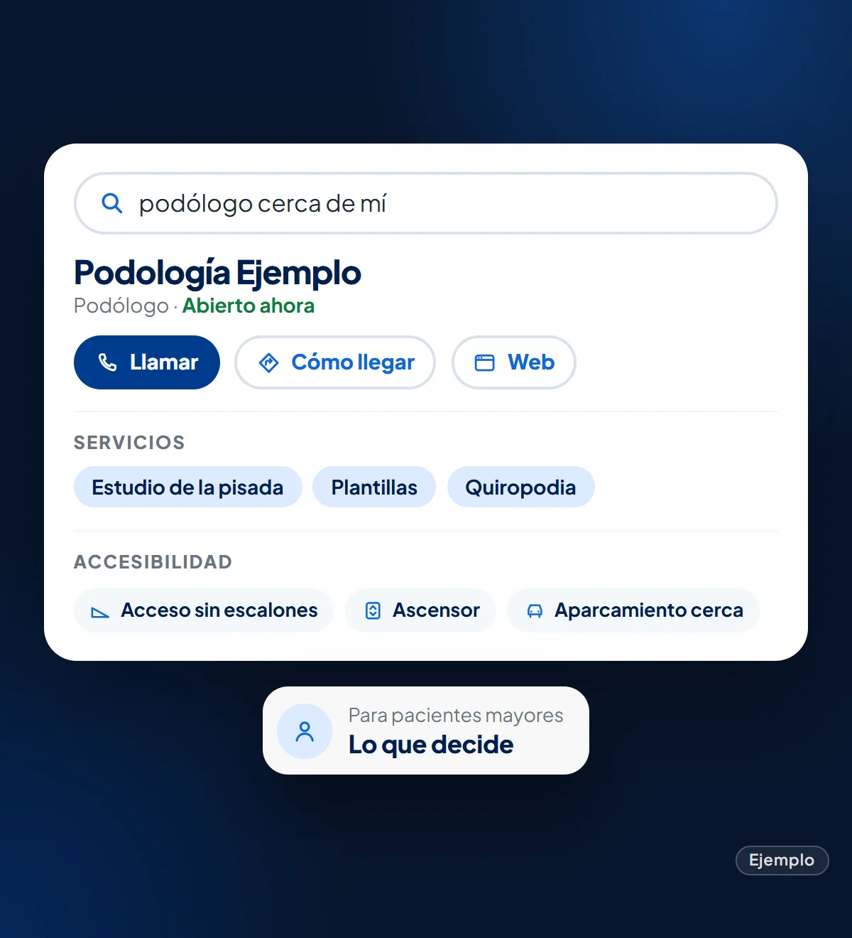 Ejemplo: ficha de Google de una clínica de podología ficticia con servicios y accesibilidad: acceso sin escalones, ascensor y aparcamiento
