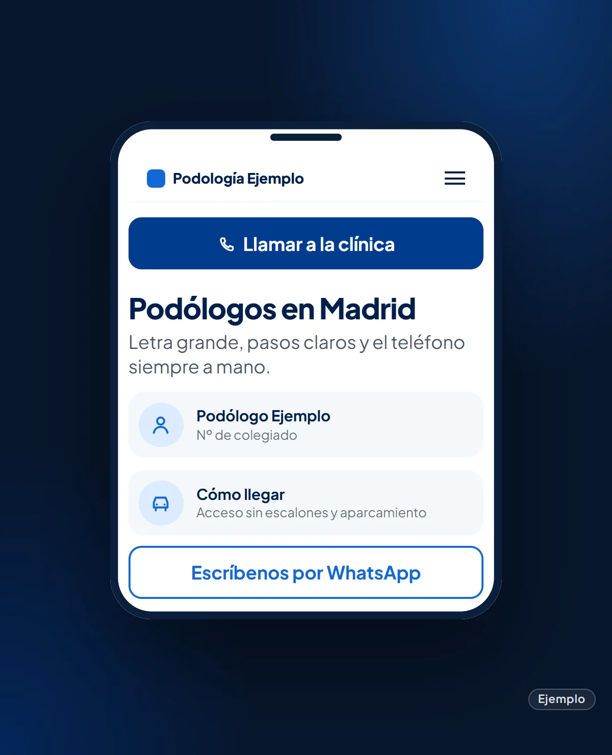 Ejemplo: web de una clínica de podología ficticia en el móvil con letra grande y el teléfono siempre visible