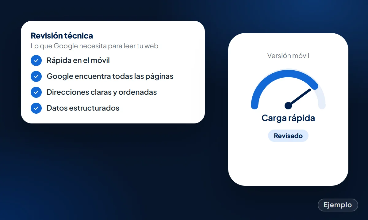Ejemplo: revisión técnica de una web con velocidad en el móvil, páginas encontradas por Google, direcciones claras y datos estructurados