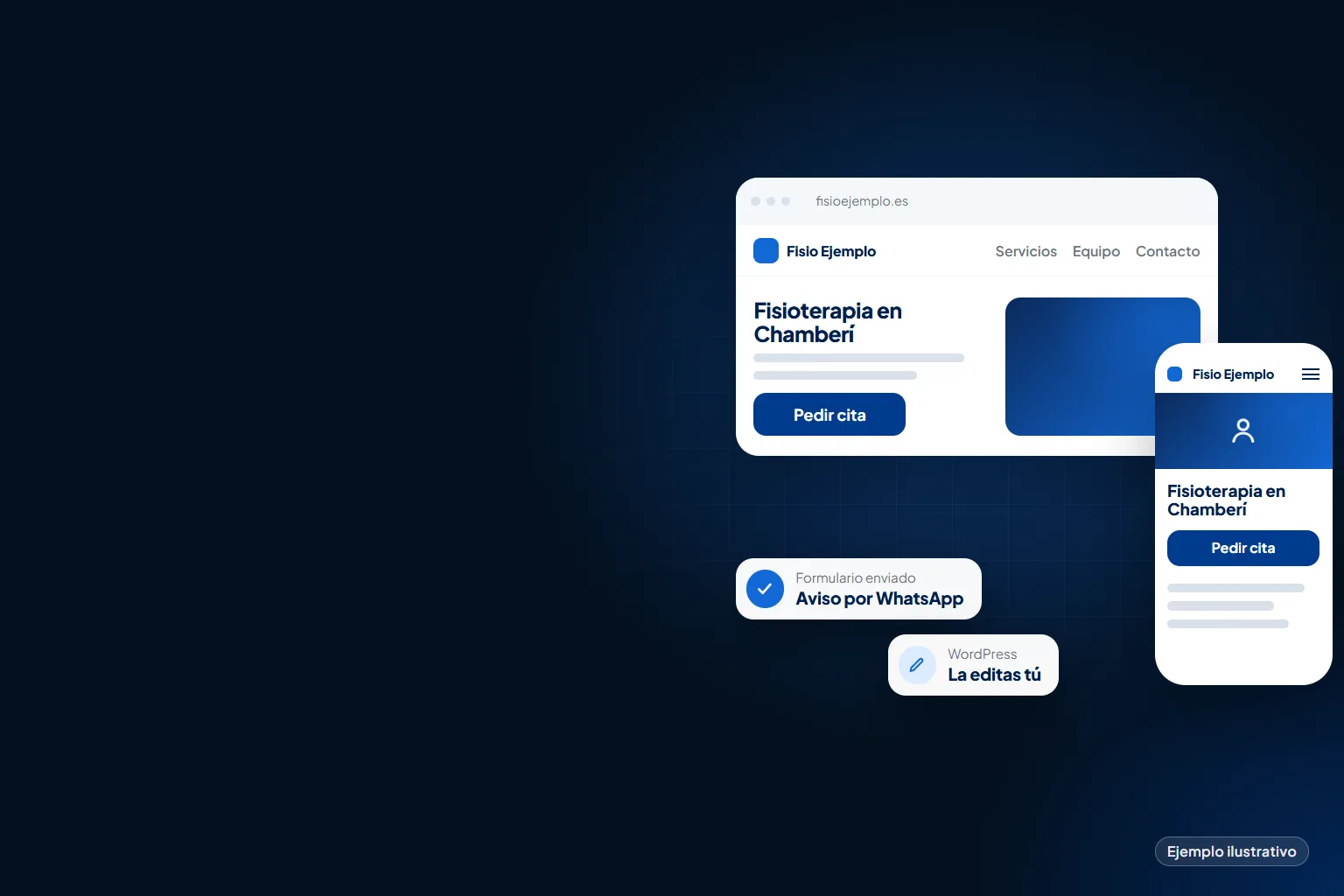 Ejemplo: la web de una clínica ficticia en el ordenador y en el móvil, con un formulario enviado y la edición en WordPress